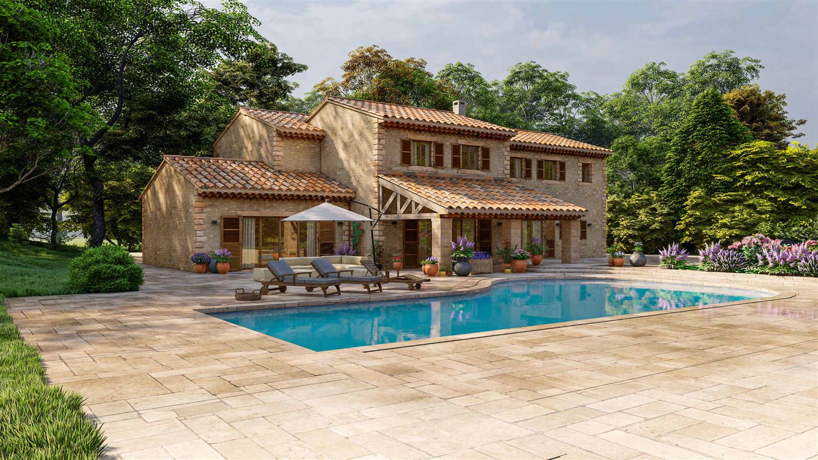 Mediterrane Villa mit Pool und Sonnenliegen im Abendlicht